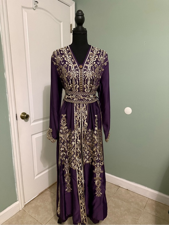 Dresses & Skirts - Embroidered Purple Long Sleeve Maxi Dress with Gold Accents